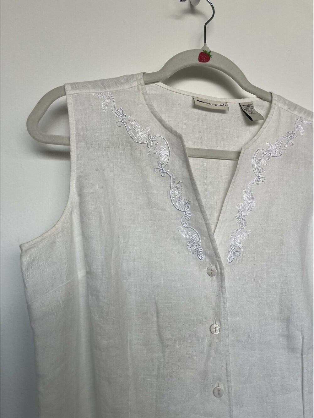 Vintage Amanda Smith Embroidered Sleeveless Blouse 100% Linen White M - Picture 2 of 6